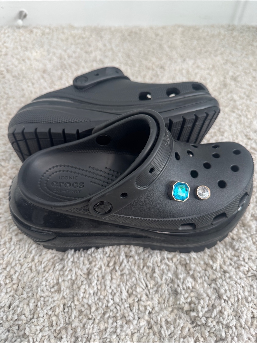 CROCS Black Platform Clog with Blue and Clear Charms